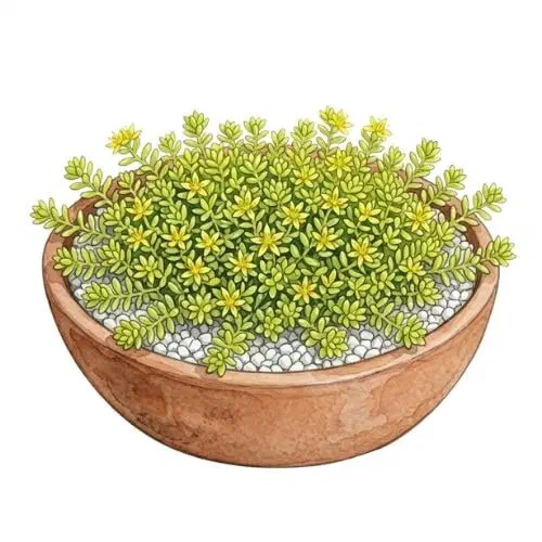 Sedum acre formando tapete baixo de folhas minúsculas com flores amarelas em estrela
